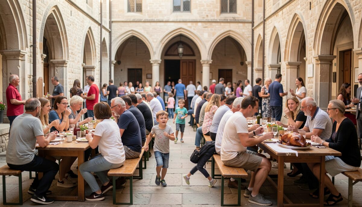 A church courtyard crowded with families around long tables, a roasted pig on a platter and children running between benches.