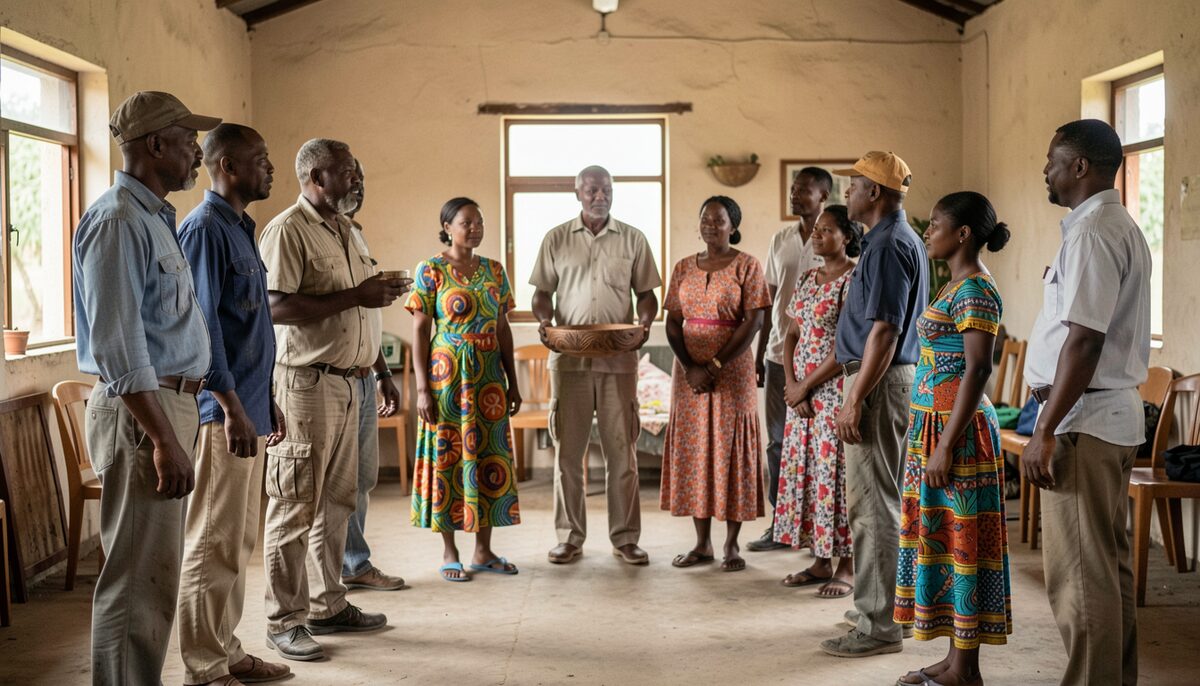 Men in work clothes and several women in brightly patterned dresses stand in a loose circle in a community hall, one man holding a carved wooden bowl.