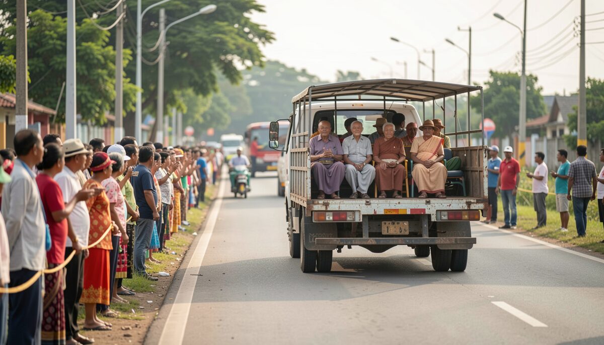 A parade route with spectators along a roadside and a flatbed truck carrying seated elders moving slowly past.