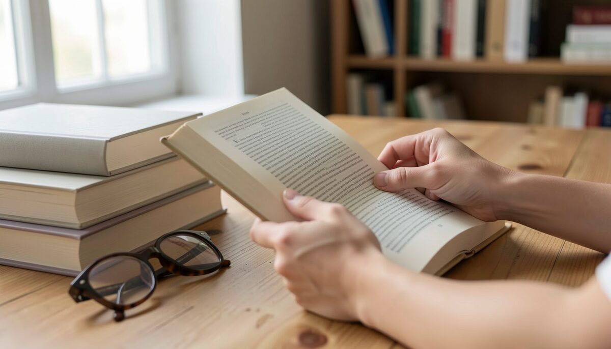 Close view of two hands turning the page of an open reference book on a wooden table, a stack of closed books and a pair of reading glasses beside it, blurred shelves behind, soft window light. Every book cover and spine is plain, blank or out of focus: no title, no lettering, no logo, no printed text anywhere in the frame.
