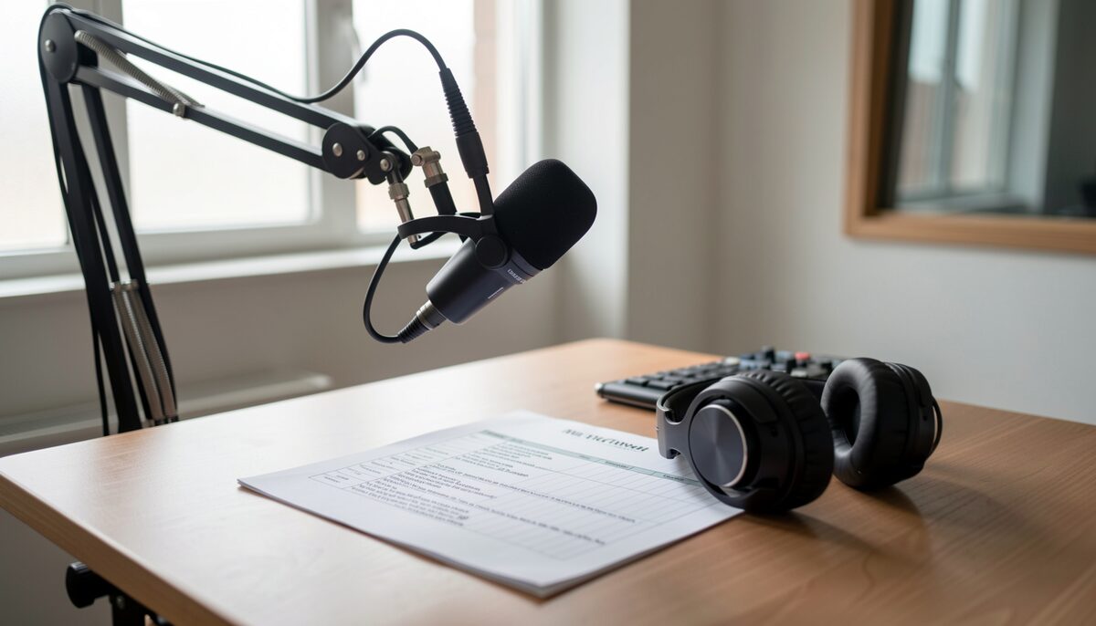 A radio studio desk with a microphone on a boom arm, headphones resting beside a printed run sheet.