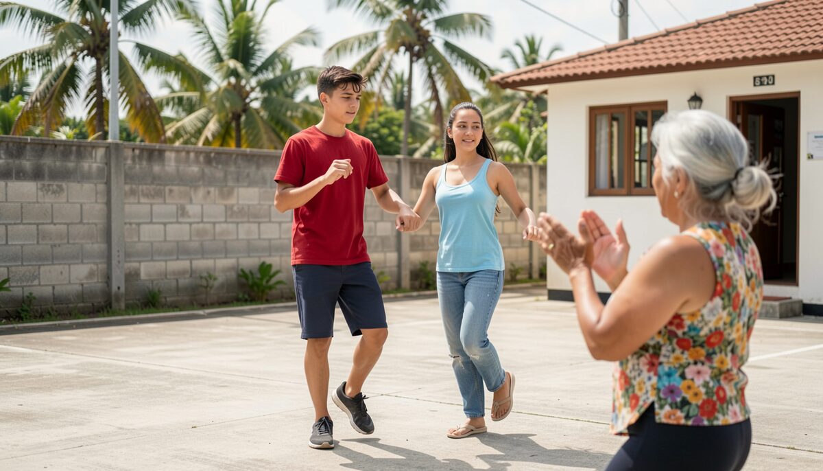 A teenage boy and a teenage girl practise a Chamorro dance step on a concrete courtyard beside a village community hall, an older woman clapping the rhythm in front of them, palm trees and a low wall behind, bright morning light. Plain solid-colour clothing with no print, no lettering, no logo; no banner, no sign, no paper anywhere in the frame.